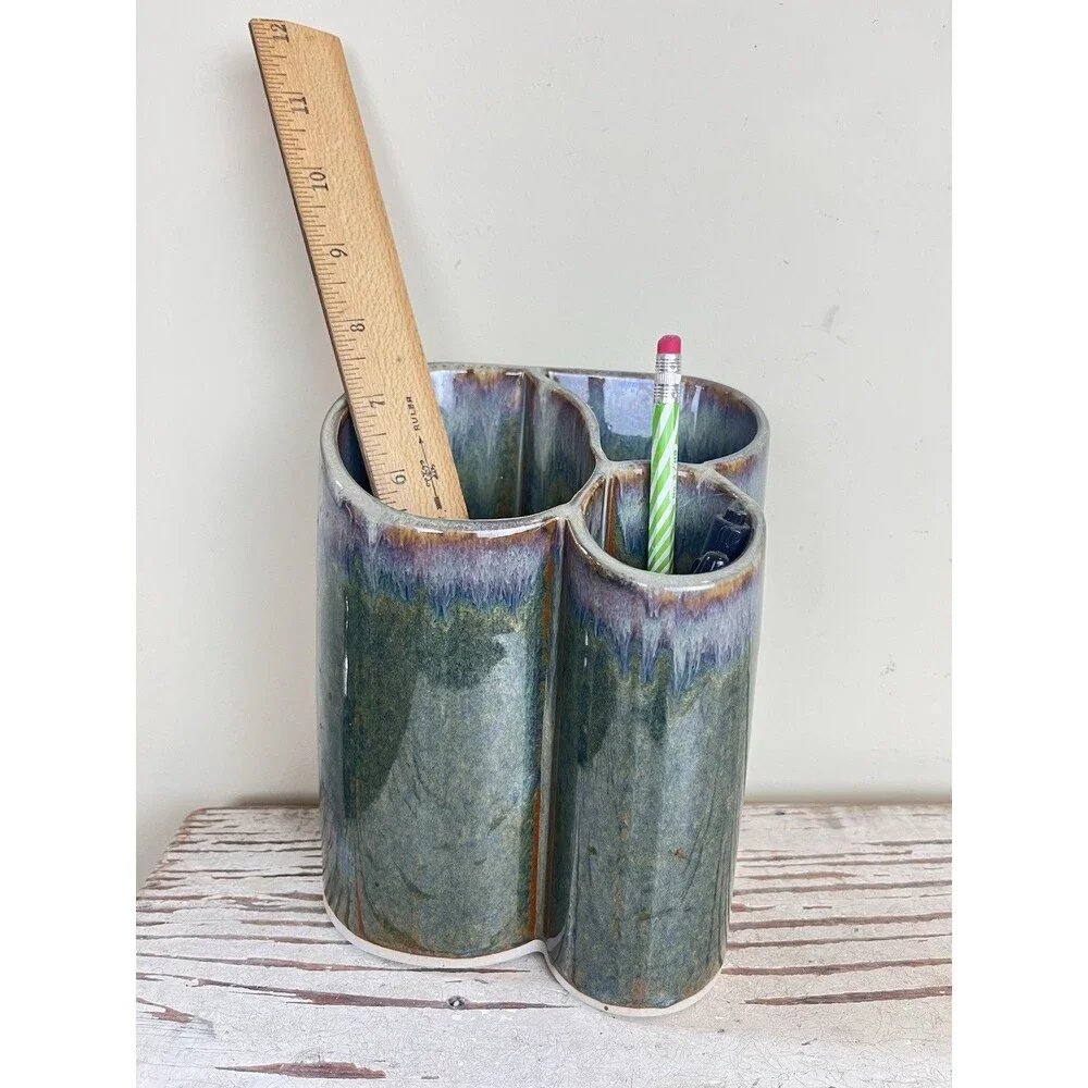 Vintage Hand Thrown Stoneware Pottery Utensils Office Bathroom Items Holder Home
